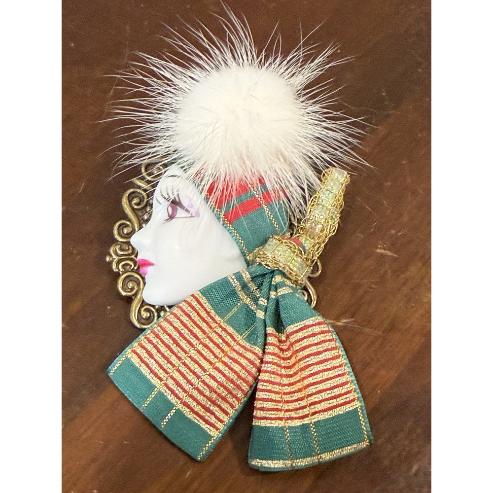 VTG Art Deco Flapper Lady Head Brooch Ribbon Scarf Fur Pom Pom Y2K 3 x 2" Face